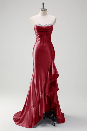 Sparkly Burgundy Mermaid Strapless Ruffled Corset Satin Long Formal Dress with Slit